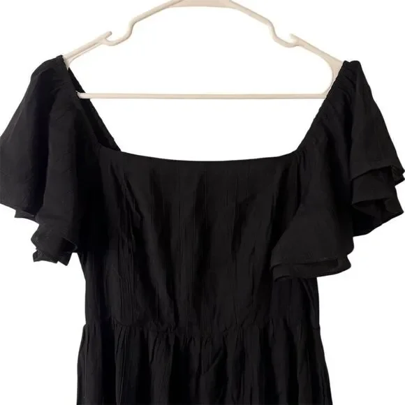 Black Flutter-Sleeve Midi Dress Women's M Chic Elegant Square Neck Casual - Picture 5 of 5